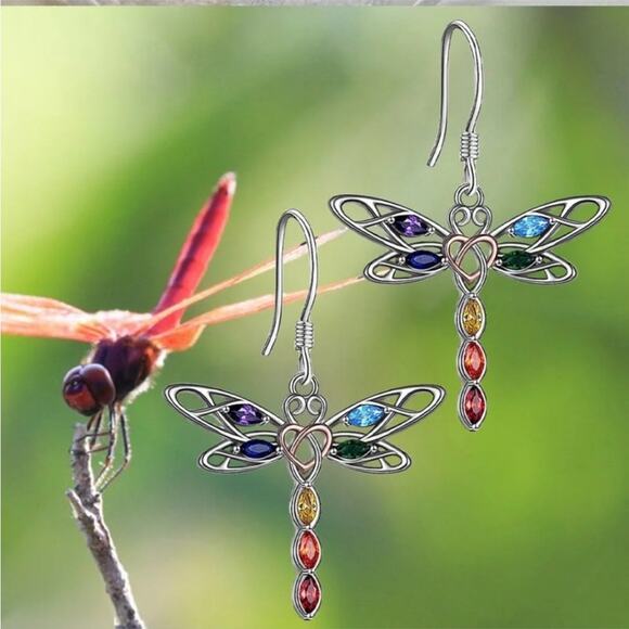 Colorful Dragonfly silver tone 7chakra gemstone Dragonfly Earrings - Picture 2 of 2